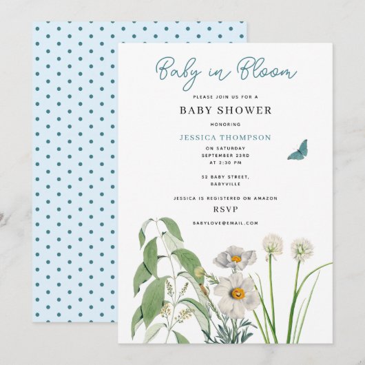 Pastel Blue Floral Baby in Bloom Baby Dusche Einladung (Vorne/Hinten)