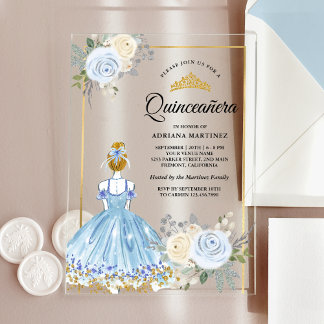 Pastel Blue Floral Dress Princess Gold Quinceanera Acryleinladungen