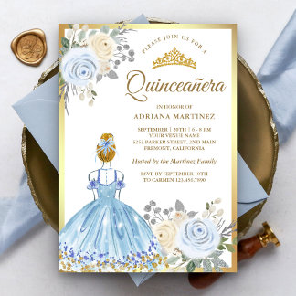 Pastel Blue Floral Dress Princess Gold Quinceanera Einladung