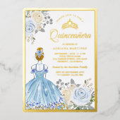 Pastel Blue Floral Dress Princess Quinceanera Gold Folieneinladung (Vorderseite)