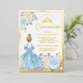 Pastel Blue Floral Dress Princess Quinceanera Gold Folieneinladung (Stehend vorne)