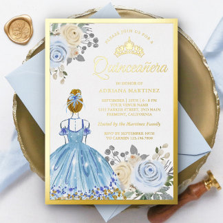 Pastel Blue Floral Dress Princess Quinceanera Gold Folieneinladung