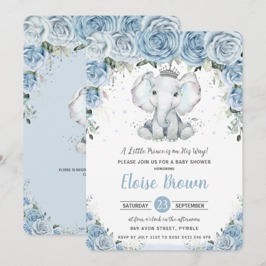 Pastel Blue Floral Elephant Prince Boy Baby Dusche Einladung (Vorne/Hinten)