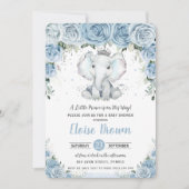 Pastel Blue Floral Elephant Prince Boy Baby Dusche Einladung (Vorderseite)
