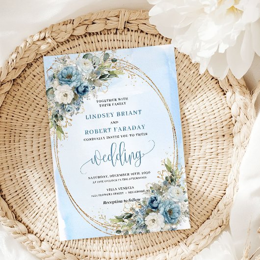 Pastel Blue Floral Gold Glitter Wedding Invitation Einladung