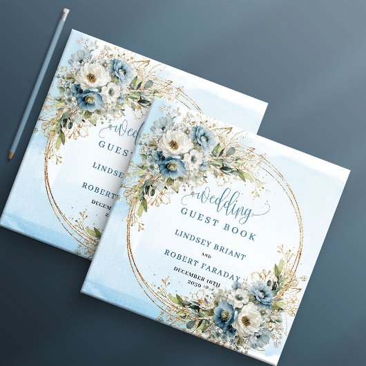 Pastel Blue Floral Greenery Gold Glitter Sign In Gästebuch