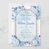 Pastel Blue Floral Rose Mis Quince Einladung (Vorderseite)