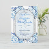 Pastel Blue Floral Rose Mis Quince Einladung (Stehend Vorderseite)