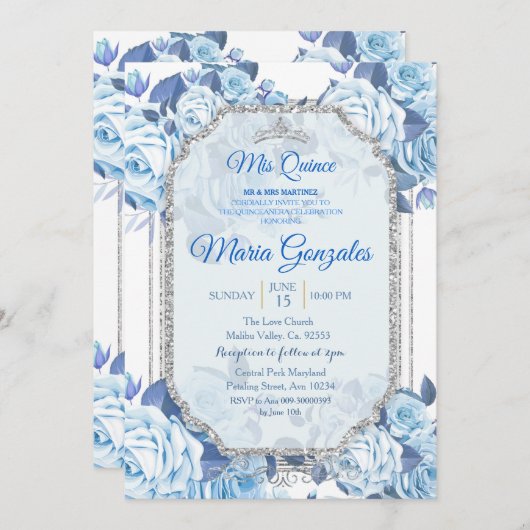 Pastel Blue Floral Rose Mis Quince Einladung (Vorne/Hinten)