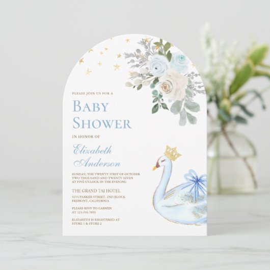 Pastel Blue Floral Swan Princess Arch Baby Dusche Einladung (Stehend Vorderseite)