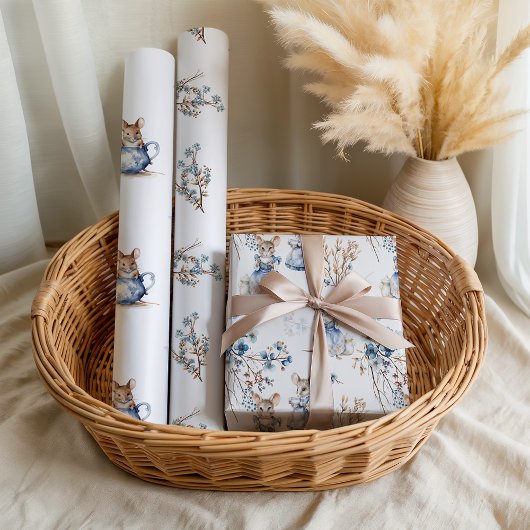 Pastel Blue Floral Tee Mice Geschenkpapier Set