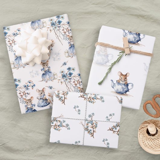 Pastel Blue Floral Tee Mice Geschenkpapier Set