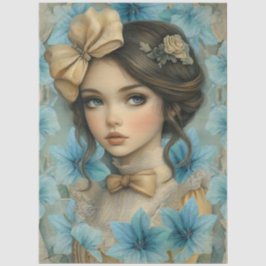 Pastel Blue Florals & Girl with Flower in Her Hair Seidenpapier