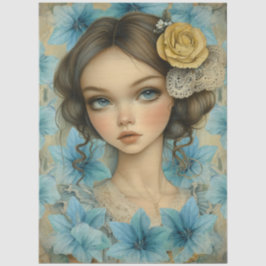 Pastel Blue Florals & Girl with Flower in Her Hair Seidenpapier