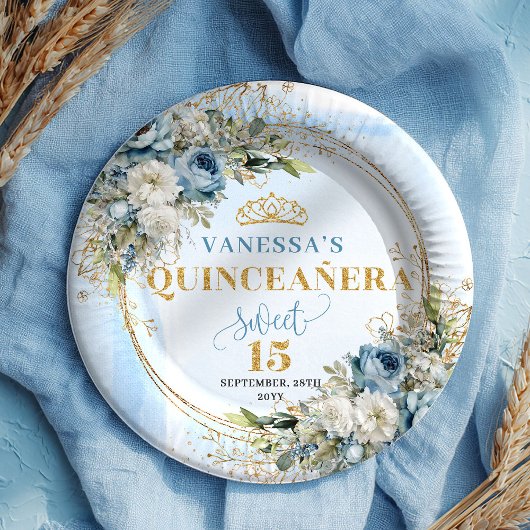 Pastel Blue Flowers Gold Custom Quinceañera Plates Pappteller