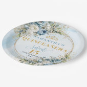 Pastel Blue Flowers Gold Custom Quinceañera Plates Pappteller (Schrägansicht)