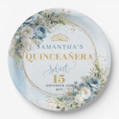 Pastel Blue Flowers Gold Custom Quinceañera Plates Pappteller (Vorderseite)