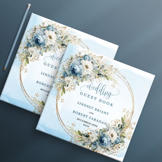 Pastel Blue Flowers Gold Wedding Sign In Book Gästebuch