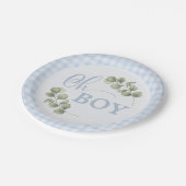 Pastel Blue Gingham Baby Boy Baby Shower Pappteller (Schrägansicht)