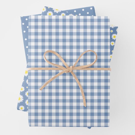 Pastel Blue Gingham Daisy Blume Polka Dot Pattern Geschenkpapier Set (Beispiel)