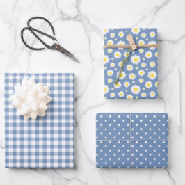 Pastel Blue Gingham Daisy Blume Polka Dot Pattern Geschenkpapier Set