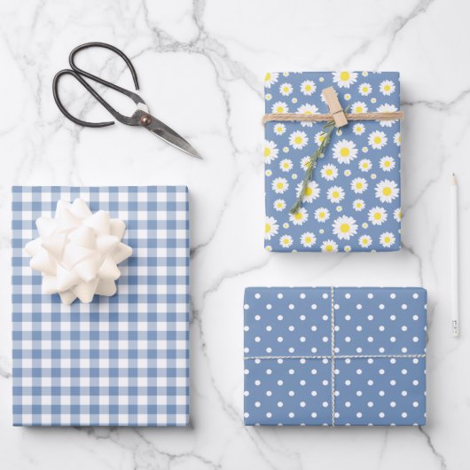 Pastel Blue Gingham Daisy Blume Polka Dot Pattern Geschenkpapier Set (Vorderseite)