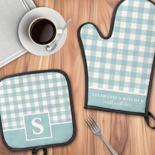 Pastel Blue Gingham Kariert Checked Mit Monogramm Ofenhandschuh & Topflappen-Set