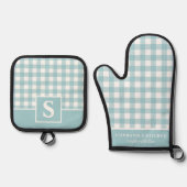 Pastel Blue Gingham Kariert Checked Mit Monogramm Ofenhandschuh & Topflappen-Set (Vorderseite)