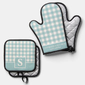 Pastel Blue Gingham Kariert Checked Mit Monogramm Ofenhandschuh & Topflappen-Set (Vorderseite/Rückseite)