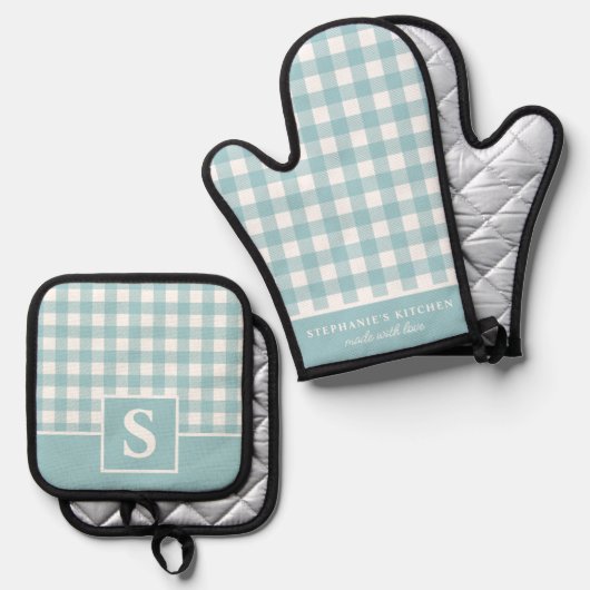 Pastel Blue Gingham Kariert Checked Mit Monogramm Ofenhandschuh & Topflappen-Set (Vorderseite/Rückseite)
