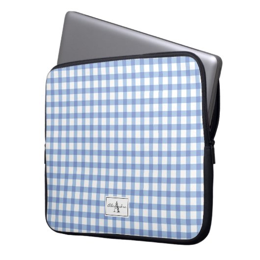 Pastel Blue Gingham Kariert Checked Pattern Monogr Laptopschutzhülle (Vorderseite Links)