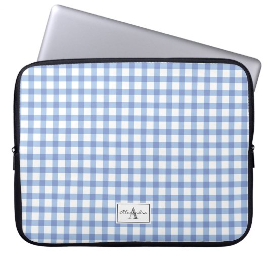Pastel Blue Gingham Kariert Checked Pattern Monogr Laptopschutzhülle (Vorderseite)