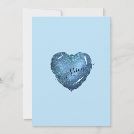 Pastel Blue Glitzer Heart Balloon Quinceañera Einladung (Rückseite)