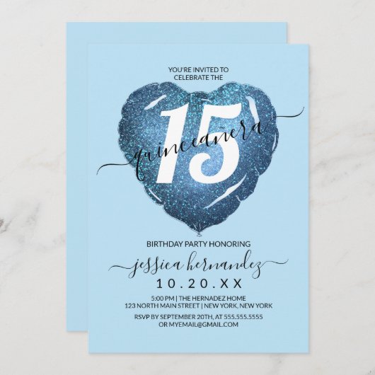 Pastel Blue Glitzer Heart Balloon Quinceañera Einladung (Vorne/Hinten)