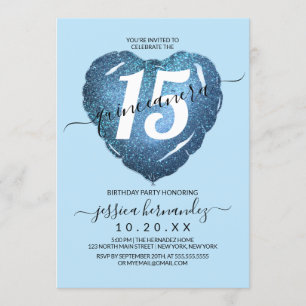 Pastel Blue Glitzer Heart Balloon Quinceañera Einladung