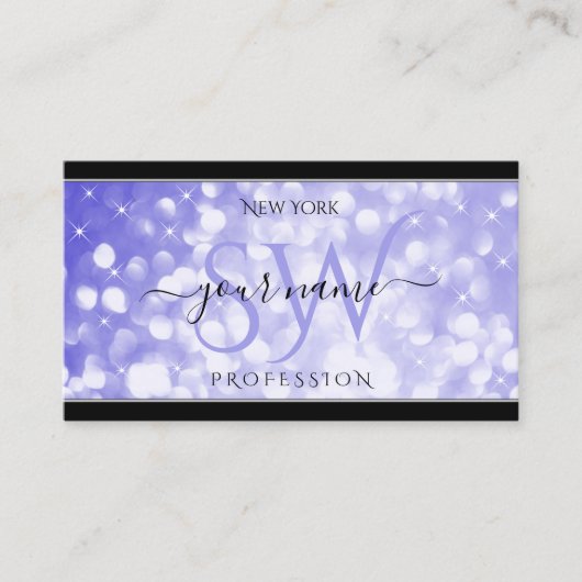 Pastel Blue Glitzer Sparkle Stars Initials Black Visitenkarte (Vorderseite)