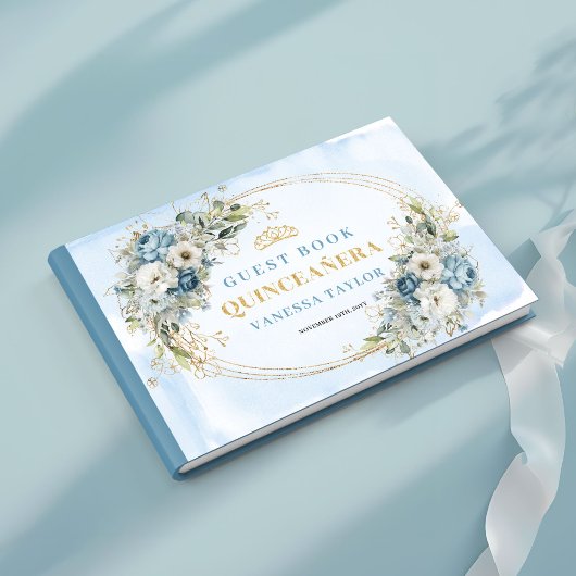Pastel Blue Gold Boho Princess Guest Book Quince Gästebuch