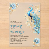 Pastel Blue Gold Floral Indian Peacock Wedding Acryleinladungen (Vorderseite)