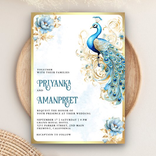 Pastel Blue Gold Floral Indian Peacock Wedding Einladung