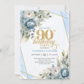 Pastel blue gold frame stylish floral 90 birthday einladung (Vorderseite)