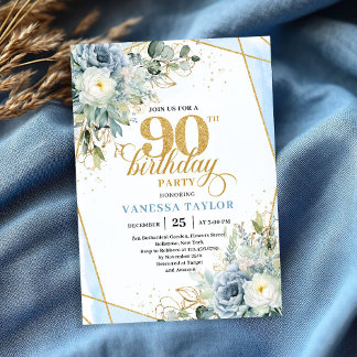 Pastel blue gold greenery luxe script 90 birthday einladung