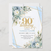Pastel blue gold greenery luxe script 90 birthday einladung (Vorderseite)