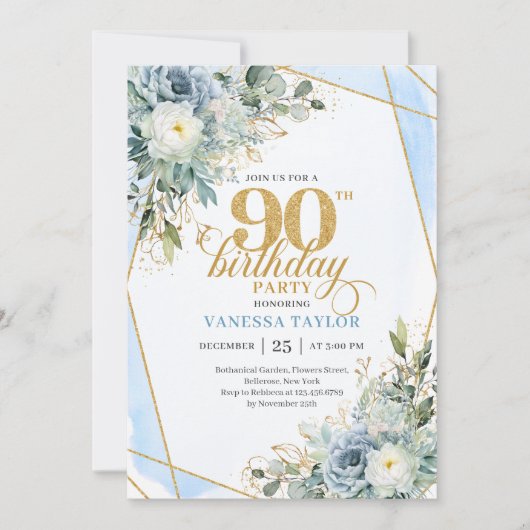 Pastel blue gold greenery luxe script 90 birthday einladung (Vorderseite)