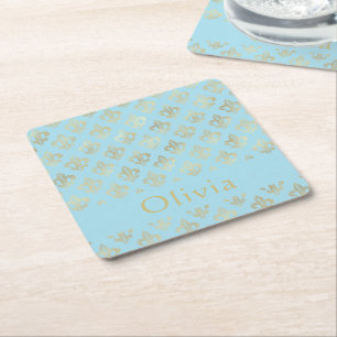 Pastel Blue Gold Lilie Personalisiert Rechteckiger Pappuntersetzer