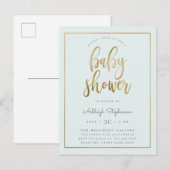 Pastel Blue & Gold Typografie Kinderdusche Einladungspostkarte (Vorne/Hinten)