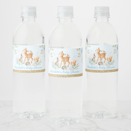 Pastel Blue Gold Woodland Floral Baby Dusche Wasserflaschenetikett (Flaschen)