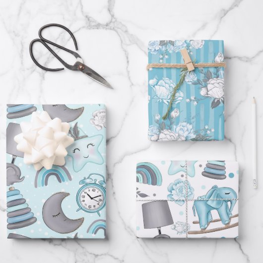 PASTEL BLUE & GRAY BABY ITEMS BLUME TOYS GESCHENKPAPIER SET (Vorderseite)