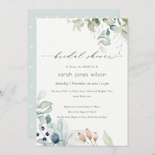 Pastel Blue Green Foliage Brautparty laden Dankeskarte (Vorne/Hinten)