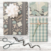 Pastel Blue Grey Floral Country Hütte Kariert Geschenkpapier Set