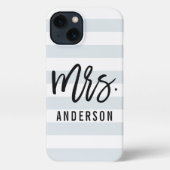 Pastel Blue-Grey Stripe New Mrs. Last Name Bride iPhone Hülle (Rückseite)